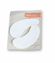Αυτοκόλλητα επιθέματα ματιών (eyepatches) aloe vera lint-free για extensions βλεφαρίδων, σε ασημί επαγγελματική συσκευασία και λευκό φόντο.