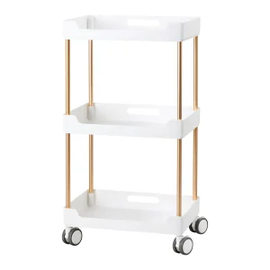 Επαγγελματικό τροχήλατο βοηθητικό τραπεζάκι αισθητικής 127 σε λευκό χρώμα με χάλκινους σωλήνες.