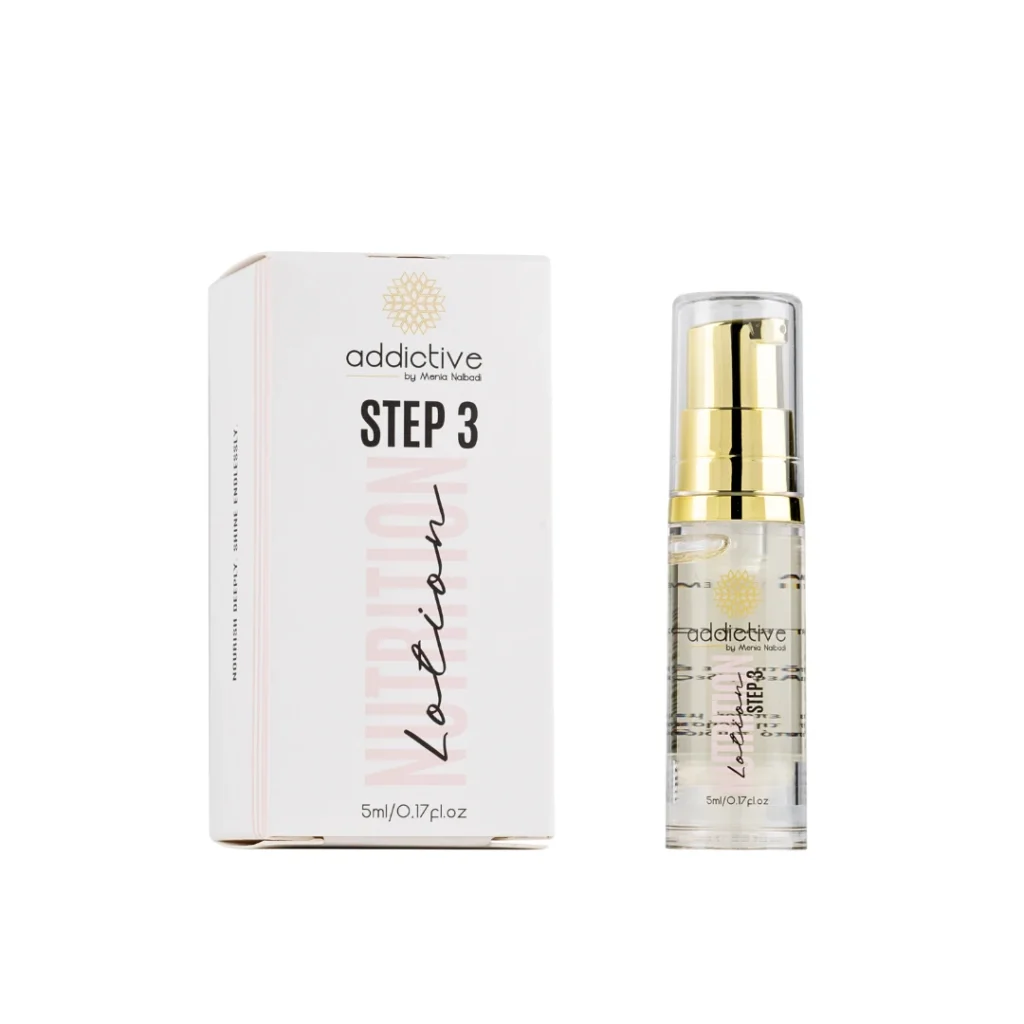 Λοσιόν θρέψης και ενυδάτωσης Step 3 Nutrition Lotion της Addictive Lashes για το τελείωμα του lash lift, σε επαγγελματική συσκευασία και λευκό φόντο.