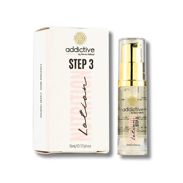 Addictive Lashes - Step 3 Nutrition Lotion (Hydrating Finish) Λοσιόν θρέψης και ενυδάτωσης Step 3 Nutrition Lotion της Addictive Lashes για το τελείωμα του lash lift, σε επαγγελματική συσκευασία και λευκό φόντο.