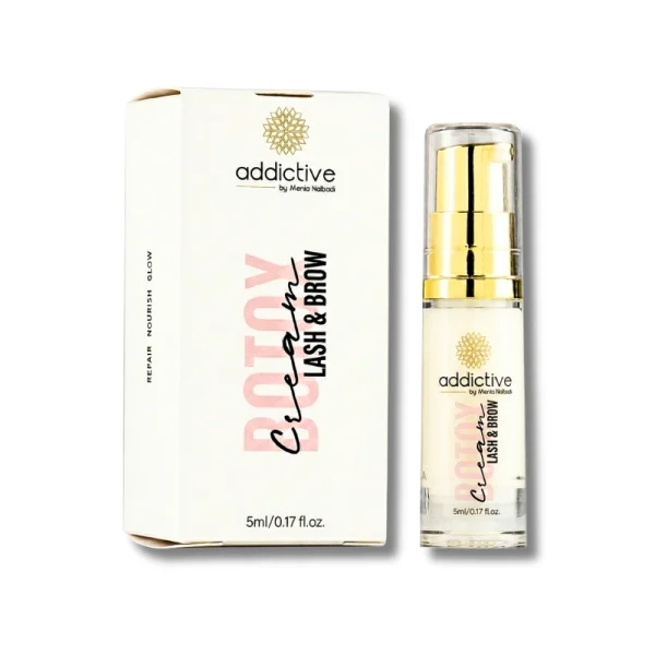 Εντατική θεραπεία θρέψης για βλεφαρίδες και φρύδια Addictive Lashes, κρέμα ενδυνάμωσης με βιταμίνες και αμινοξέα σε λευκό φόντο.