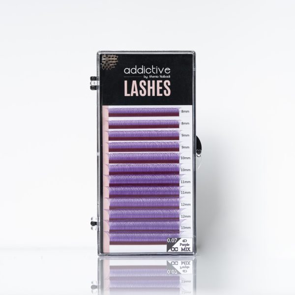 Επαγγελματική κασετίνα (mix tray) με χρωματιστές βλεφαρίδες extension της Addictive Lashes, σε μοβ χρώμα, σε μορφή μεμονωμένων ινών και έτοιμων fans (premade).