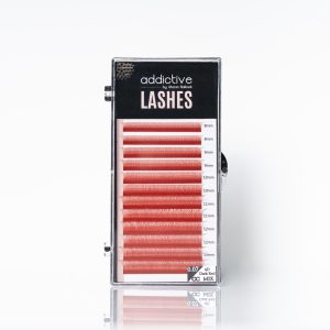 Επαγγελματική κασετίνα (mix tray) με χρωματιστές βλεφαρίδες extension της Addictive Lashes, σε κόκκινο χρώμα, σε μορφή μεμονωμένων ινών και έτοιμων fans (premade).