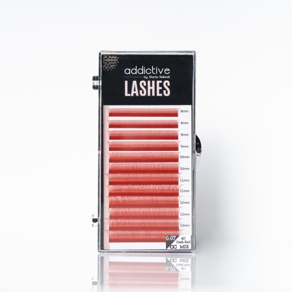 Επαγγελματική κασετίνα (mix tray) με χρωματιστές βλεφαρίδες extension της Addictive Lashes, σε κόκκινο χρώμα, σε μορφή μεμονωμένων ινών και έτοιμων fans (premade).