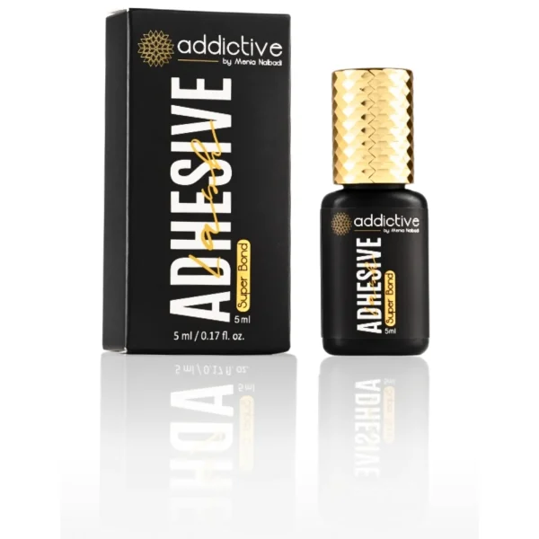 Επαγγελματική κόλλα βλεφαρίδων Super Bond της Addictive Lashes με χρυσό καπάκι και αντοχή σε λάδι και νερό.