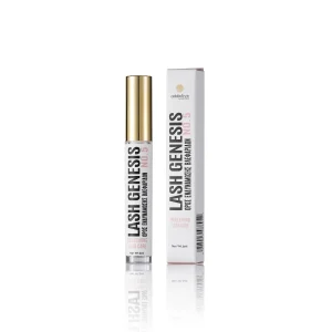 Φιαλίδιο του ορού Lash Genesis No.5 (6ml) της Addictive Lashes, με λευκή συσκευασία και πολυτελές χρυσό καπάκι. Εμφανίζεται δίπλα στο κουτί του, όπου αναγράφεται "Ορός Ενδυνάμωσης Βλεφαρίδων", ιδανικός για θρέψη και ανάπτυξη φυσικών βλεφαρίδων.