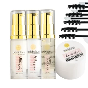 Πλήρες Korean Lash Lift Kit της Addictive με λοσιόν Gentle Elevate, πούδρα Powder Lock, αφρό, glueless shields και εργαλεία.