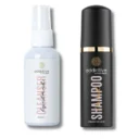 Το λευκό σπρέι Eyelash Cleanser και το μαύρο Lash Shampoo της Addictive by Menia Nalbandi δίπλα δίπλα.