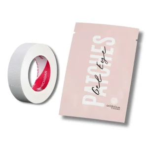 Προϊόντα απομόνωσης βλεφαρίδων: Ταινία Nichiban και συσκευασία Gel Eye Patches της Addictive by Menia Nalbandi.