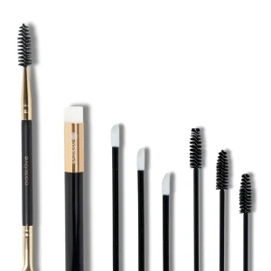 Συλλογή από αναλώσιμα και εργαλεία βλεφαρίδων: Πινέλο καθαρισμού, βουρτσάκια μάσκαρα (mascara wands) και stick εφαρμογής (lip applicators).