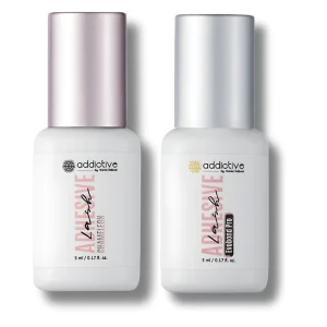 Τα μπουκάλια των κολλών Chameleon (ροζ καπάκι) και Evobond Pro (ασημί καπάκι) της Addictive.