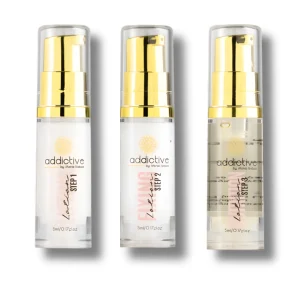 Ολοκληρωμένο σετ Lash Lift της Addictive με τα τρία βήματα: Step 1 Lifting, Step 2 Fixing και Step 3 Nutrition Lotion 5ml.