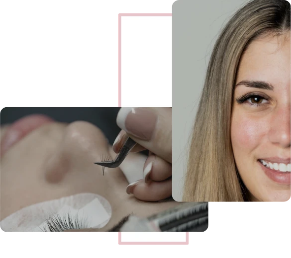 Κολάζ από το σεμινάριο 3D Volume Lash Extensions. Αριστερά: Μαθήτριες σε πρακτική εξάσκηση υπό επαγγελματικό φωτισμό. Δεξιά: Κοντινή λήψη (macro) λαβίδας που κρατάει ένα χειροποίητο τουφάκι (fan) volume, αναδεικνύοντας την τεχνική που διδάσκεται.