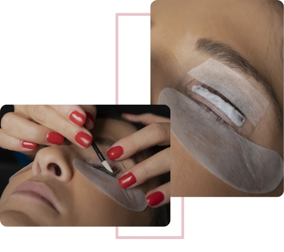 Κολάζ από την πρακτική εκπαίδευση στο σεμινάριο Lash Lift. Απεικονίζεται η ακριβής διαδικασία τοποθέτησης των βλεφαρίδων στα ρολάκια σιλικόνης και η εφαρμογή των ειδικών λοσιόν ανόρθωσης (lifting lotions) για εντυπωσιακό γύρισμα και ενδυνάμωση.