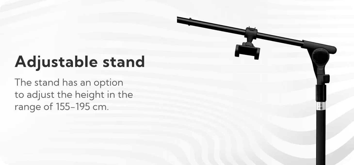 Μαύρη ρυθμιζόμενη βάση δαπέδου για τη λάμπα Glow Arche με ενσωματωμένη υποδοχή κινητού τηλεφώνου.