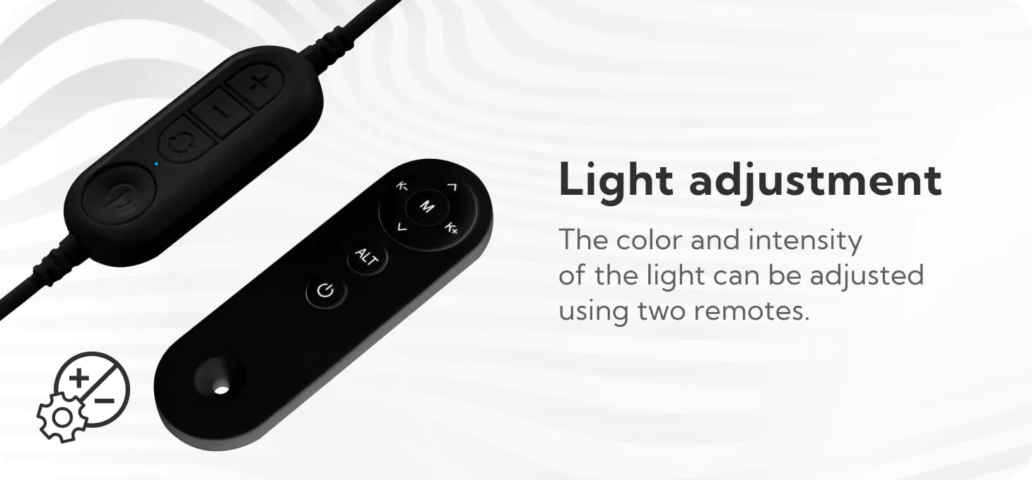 Περιεχόμενα συσκευασίας και τεχνικές προδιαγραφές της μαύρης λάμπας Glow Arche, συμπεριλαμβανομένων του τροφοδοτικού και του τηλεχειριστηρίου.