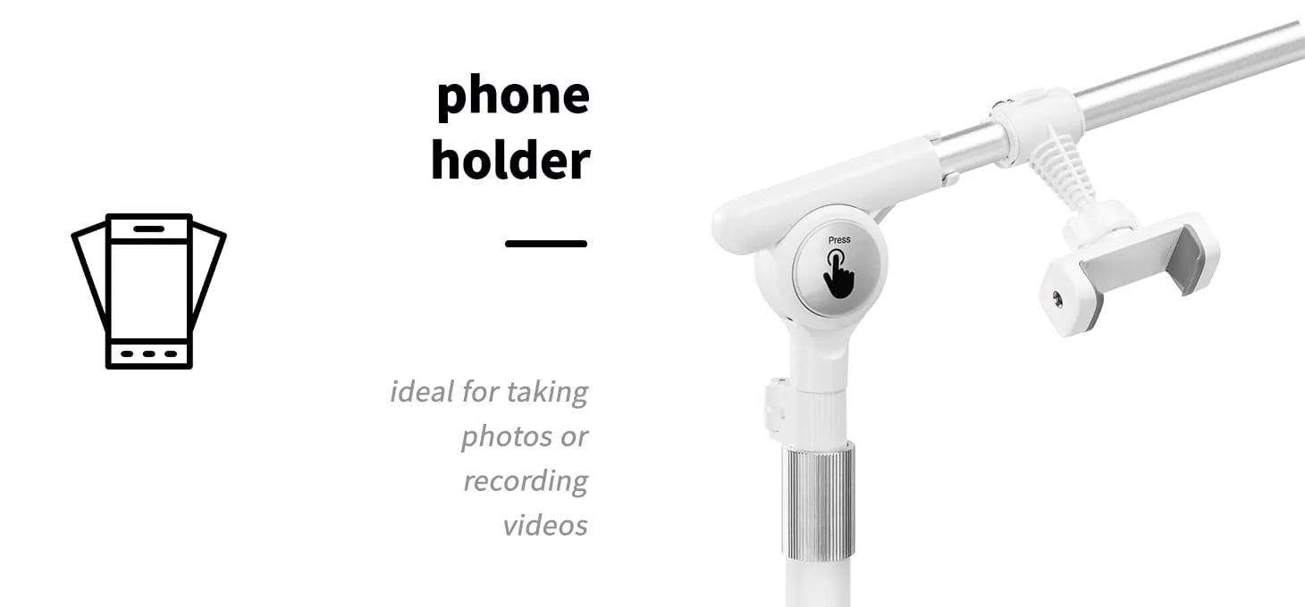 Γράφημα που δείχνει τη ρυθμιζόμενη βάση κινητού τηλεφώνου και τον εύκαμπτο βραχίονα της λευκής λάμπας Glow Arche.