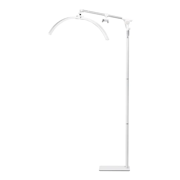 Κοντινή λήψη της λευκής κυρτής κεφαλής της λάμπας Glow Arche με την ενσωματωμένη βάση για κινητό τηλέφωνο.