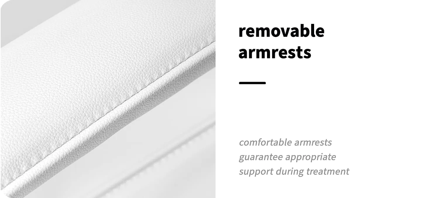 Επαγγελματική λευκή πολυθρόνα αισθητικής Sillon με αφαιρούμενα μπράτσα και δύο ενσωματωμένα συρτάρια αποθήκευσης.