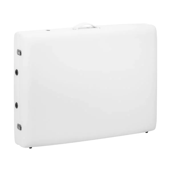 Το λευκό πτυσσόμενο κρεβάτι αισθητικής BALANCE κλειστό σε μορφή βαλίτσας για εύκολη μεταφορά.