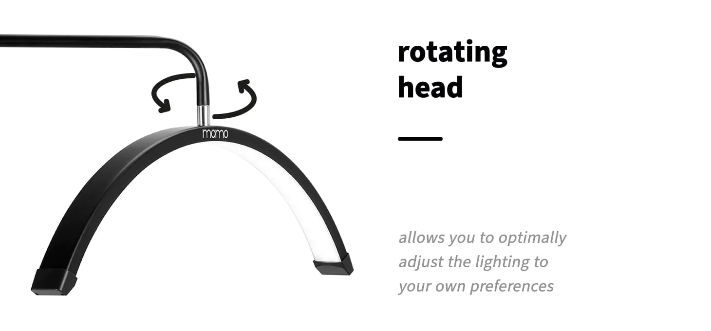 Ενημερωτικό γράφημα της μαύρης λάμπας MOMO MX6 που δείχνει με βέλη την πλήρη περιστροφή 360 μοιρών της κυρτής κεφαλής (Moonlight).