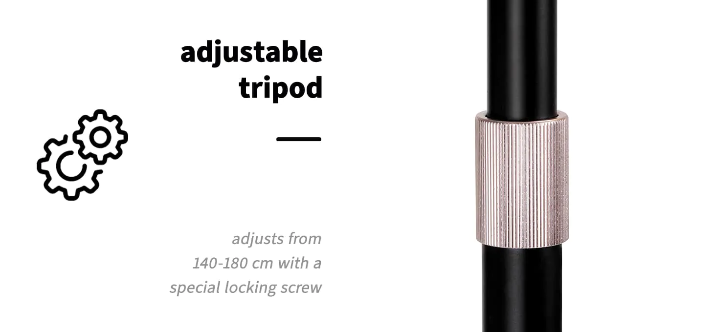 Γράφημα που δείχνει το ρυθμιζόμενο ύψος του τηλεσκοπικού ορθοστάτη της μαύρης λάμπας MOMO MX6, από 140 έως 180 εκατοστά.