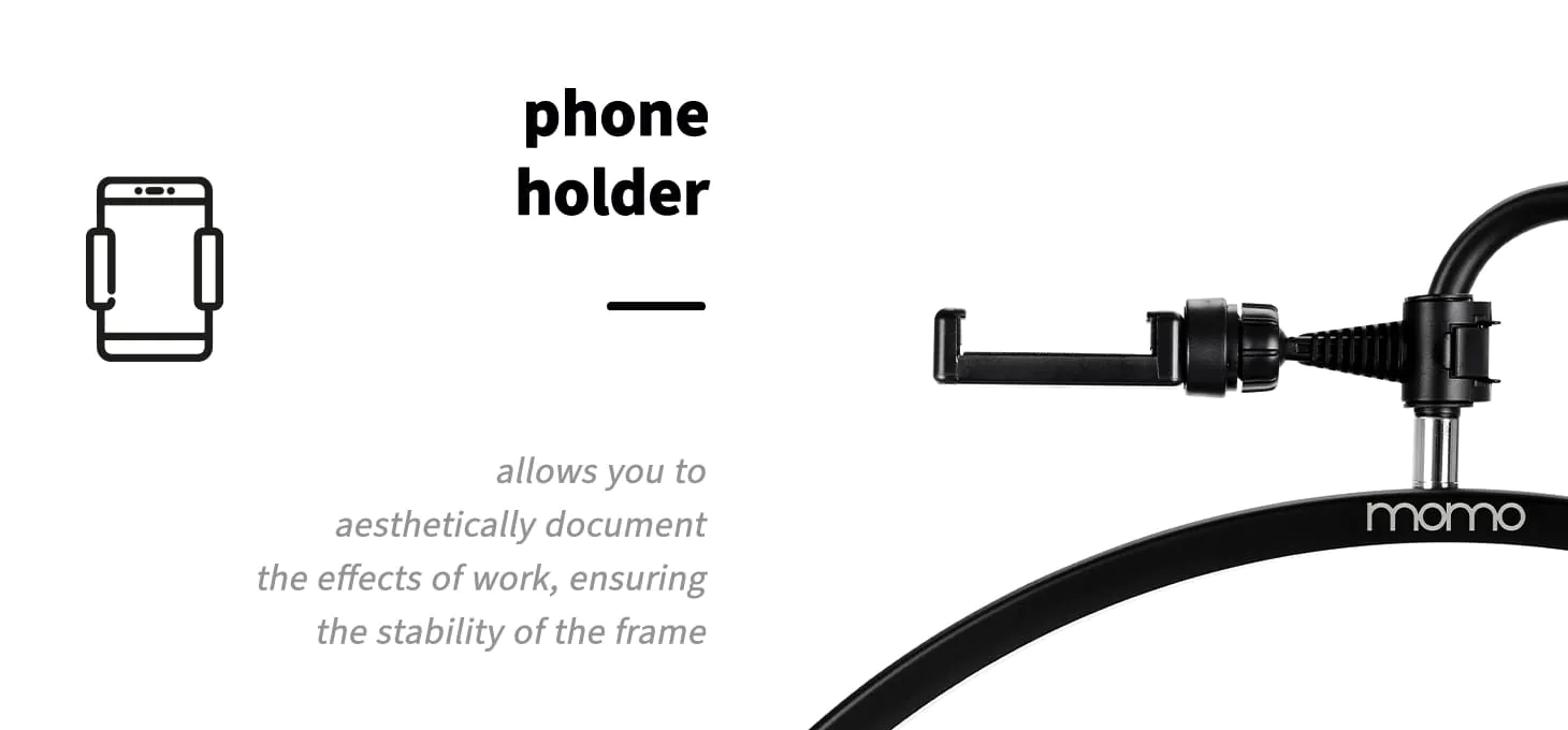 Ενημερωτικό γράφημα της μαύρης λάμπας MOMO MX6 που παρουσιάζει τη ρυθμιζόμενη βάση κινητού τηλεφώνου για λήψη φωτογραφιών και βίντεο.