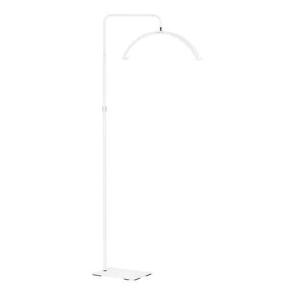 Πλήρης όψη της επαγγελματικής λευκής λάμπας MOMO MX6 που δείχνει την κυρτή κεφαλή, τον λευκό ορθοστάτη και τη στιβαρή επίπεδη βάση δαπέδου.