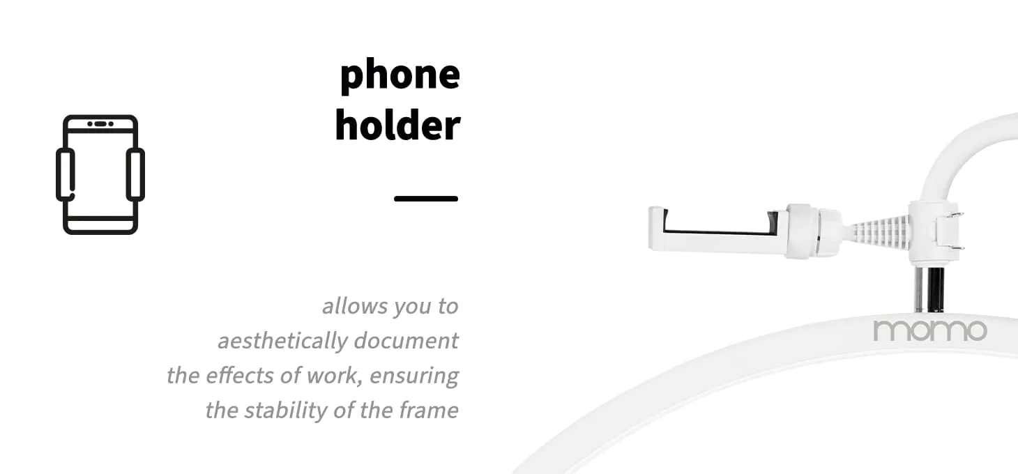 Κοντινή λήψη της λευκής βάσης στήριξης κινητού τηλεφώνου προσαρμοσμένης στον βραχίονα της λάμπας MOMO MX6 White.