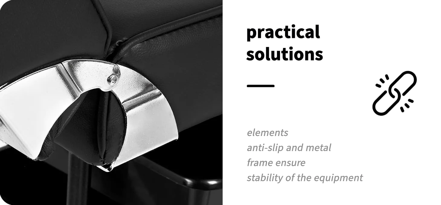 Λεπτομέρεια του στιβαρού μαύρου μεταλλικού σκελετού και των συνδέσεων της πολυθρόνας αισθητικής Sillon - Addictive Lashes.