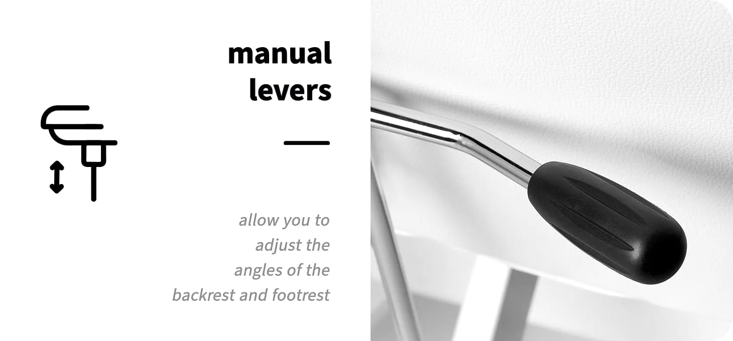 Λεπτομέρεια της λευκής πολυθρόνας Sillon που δείχνει τους μοχλούς για τη χειροκίνητη ρύθμιση της πλάτης και των ποδιών, πάνω από τα συρτάρια.
